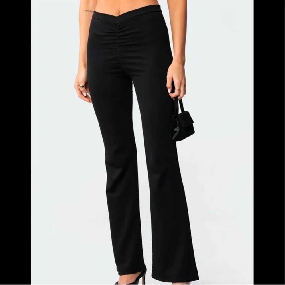 Edikted Gina Black V-Waist Flare Pants Ruched Front Trousers Yoga Leggings S
